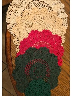 Handmade Crochet Doilies Set - Cream, Pink, Dark Green